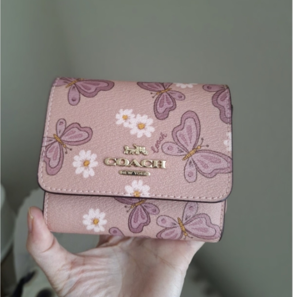 NWT Coach Small Trifold Wallet Lovely Butterfly Print Pink Multi Leather Rare